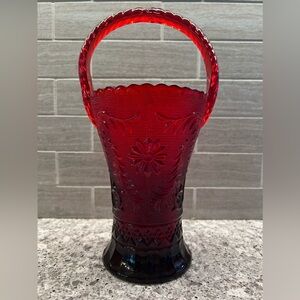 Vintage 10 inch Indiana Glass Tiara Red Sandwich Basket Vase‎ Decor